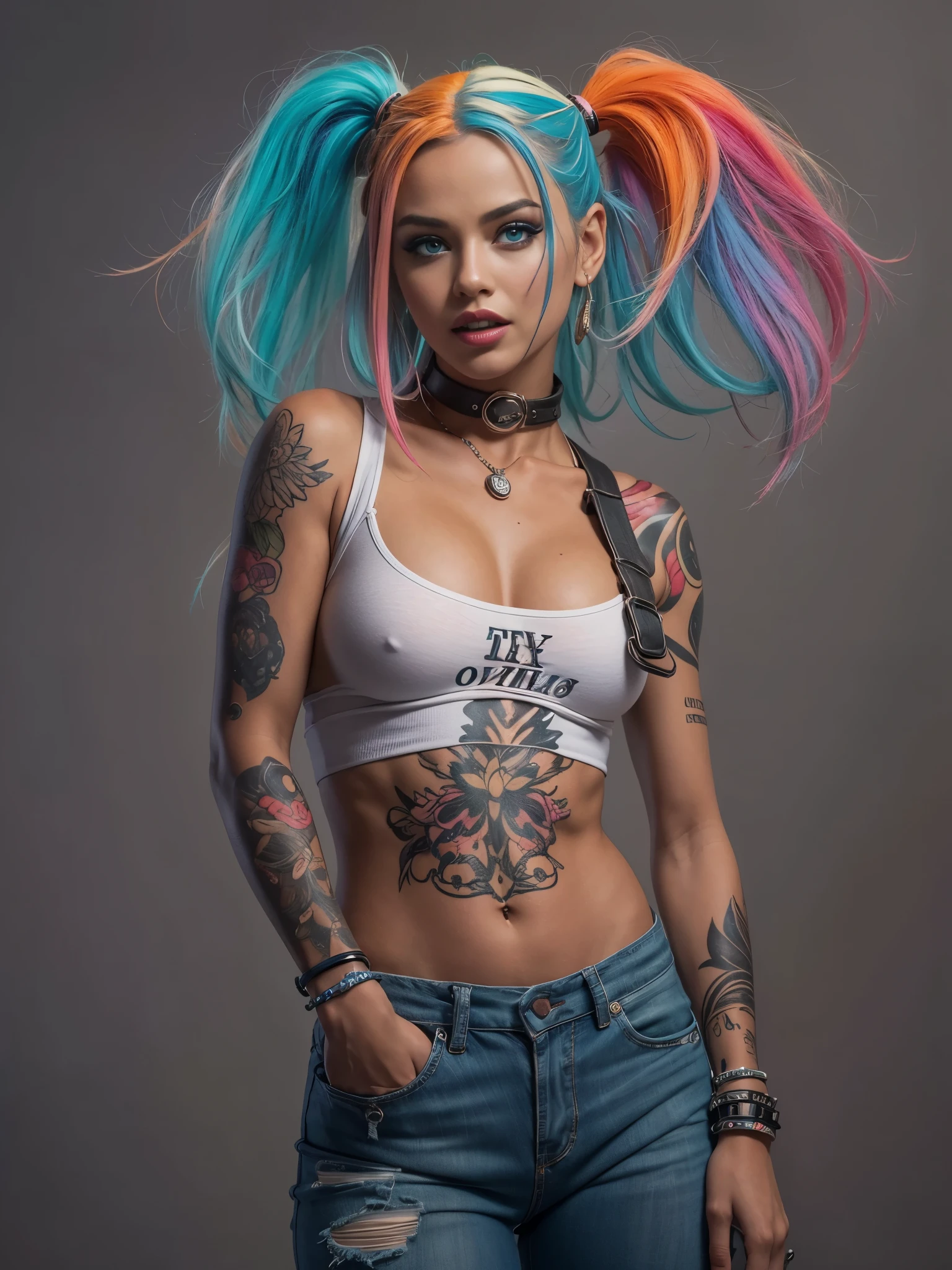 (best quality,4k,highres,masterpiece:1.2),ultra-detailed,realistic:1.37,full body shot,one photorealistic Harley Quinn, pose from various angle, vibrant colors, sharp focus, dynamic lighting, detailed outfit, makeup, provocative expression, intricate tattoos, detailed facial features, elaborate props, contrasting background, cinematic composition, intense gaze, confident stance, seductive atmosphere, professional photography, studio lighting, grungy aesthetic, comic book style. Laughing out loud..BREAK
Perfect ???????.
perfect hair.
??????????????.
perfect body.
perfect hands.
perfect face.
perfect eyes.
accurate.
anatomically correct.
BREAK
Sony A9 II and a 85mm f/1.8 GM lens. Summer Time scenery.