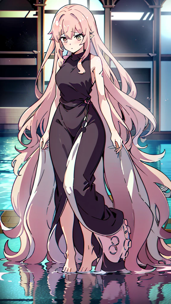1girl,20 years old,solo,long hair,pink hair,(black long dress),open mouth,partially submerged, standing,squidlegs, (inside, in a gym)