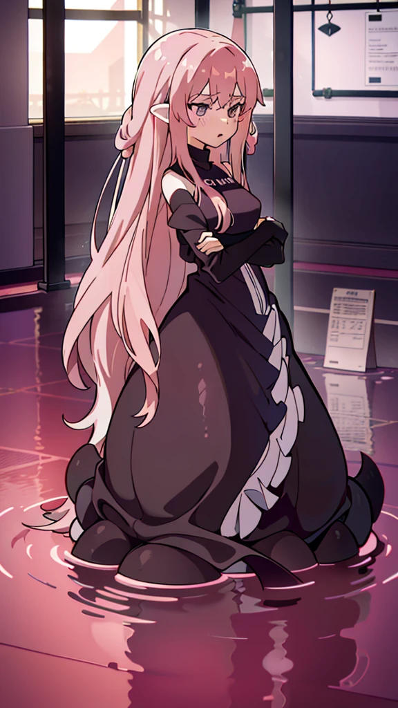 1girl,20 years old,solo,long hair,pink hair,(black long dress),open mouth,partially submerged, standing,squidlegs, (inside, in a gym)