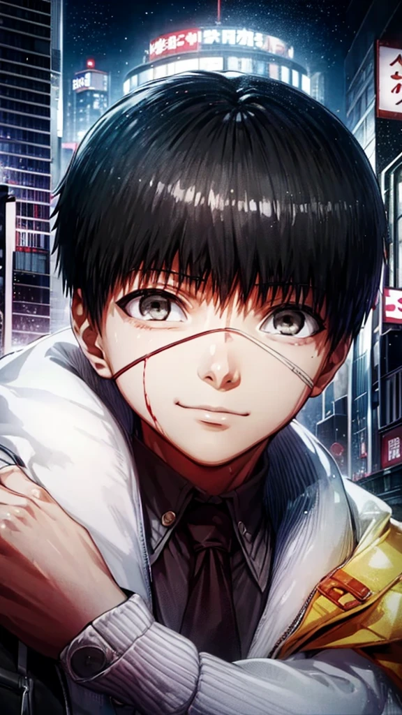 best qualityer, super detaill, work of art, ultra HD, 8K, 1 boy, focus on the boy, whole body, very detailed and flawless, kaneki ken, Tokyo Ghoul, on top of a building at night, blood on hands.