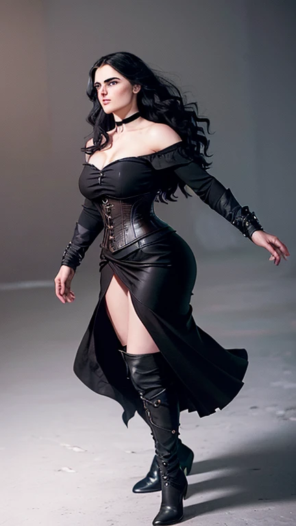 (Katie McGrath face), Generate an illustration of a young (Yennefer of Vengerberg), of Witcher 3,  hair combed to sides, layered haircut, de terno preto, long hair flows to her back, hair flows straight down, black hair, Ultrarealistic Violet eyes, both eyes are similar, (big round breasts), deep cleavage, Ultrarealistic juicy round ass, thick thighs, black Corset outfit in anime format with a serious style, ((black strapless dress)), Ruby black velvet choker, grey tights, black boots, gothic make up, masterpiece, ((dark lighting)), black background, puffy lips,slendered toned abs, beautiful face