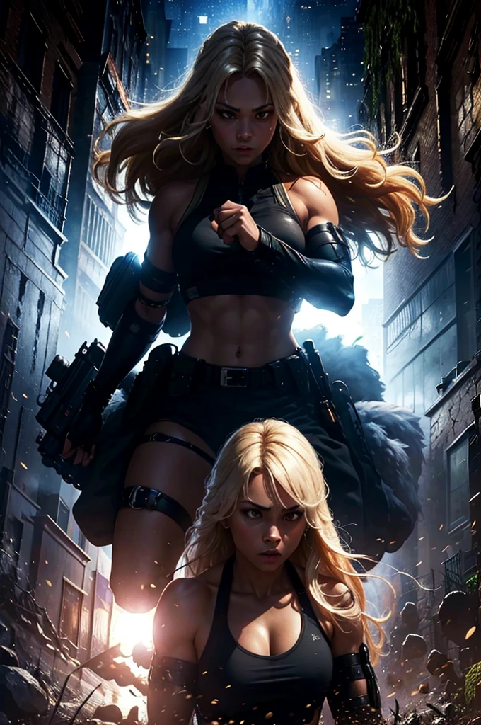 A muscular and savage black werewolf and a beautiful and perfect blonde police girl in uniform and armed in a night forest running bravely together facing the shadow monsters
