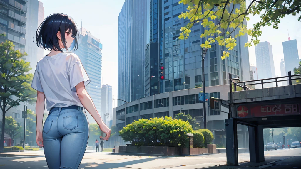 A park in an urban gap. An Asian woman dressed casually in a white T-shirt and boyish jeans sits, cinematic lighting, ray tracing, depth of field, vanishing point, atmospheric perspective, Hasselblad, from behind, UHD, retina, masterpiece, anatomically correct, ccurate, textured skin, super detail, high quality, best quality, highres, award winning, 16k, 8k