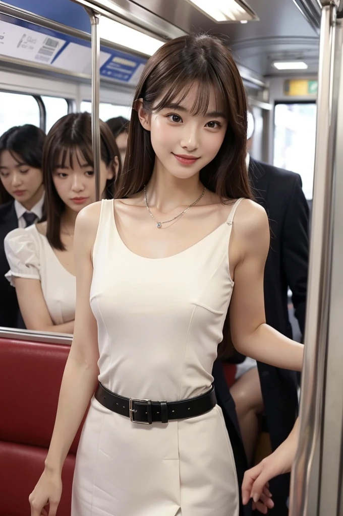 A packed train in tokyo, office ladies commuting to work, suits, people standing so close together that their bodies are touching, ((full body)), ((photo)), ((best qualtiy, 8K, tmasterpiece:1.3)), Focus:1.2, perfect figure beautiful girl:1.4, 1girl, cowboy shot, look at viewer, incredibly absurd, beautiful and cute girl with a photorealistic face, showcasing top-quality craftsmanship, A Japanese woman looking cramped on a crowded train, 20 years old, long dark brown hair that falls to her shoulders, long shiny hair, with bangs, side parted hairstyle, brown eyes, round face, small nose, cherry red lips, bright smile, white teeth, smooth skin, healthy complexion, small ears, natural eyebrows, long eyelashes, slim, well-balanced proportions, moderate muscle, slim waist, round hips, supple limbs, short nails, beautiful C cup breasts, white blouse, black tight skirt, heeled pumps, silver necklace and bracelet, black belt, pretty older woman, beautiful, neat, soothing, cute voice, polite, kind-hearted, responsible, positive, optimistic, sociable, good communication skills, April