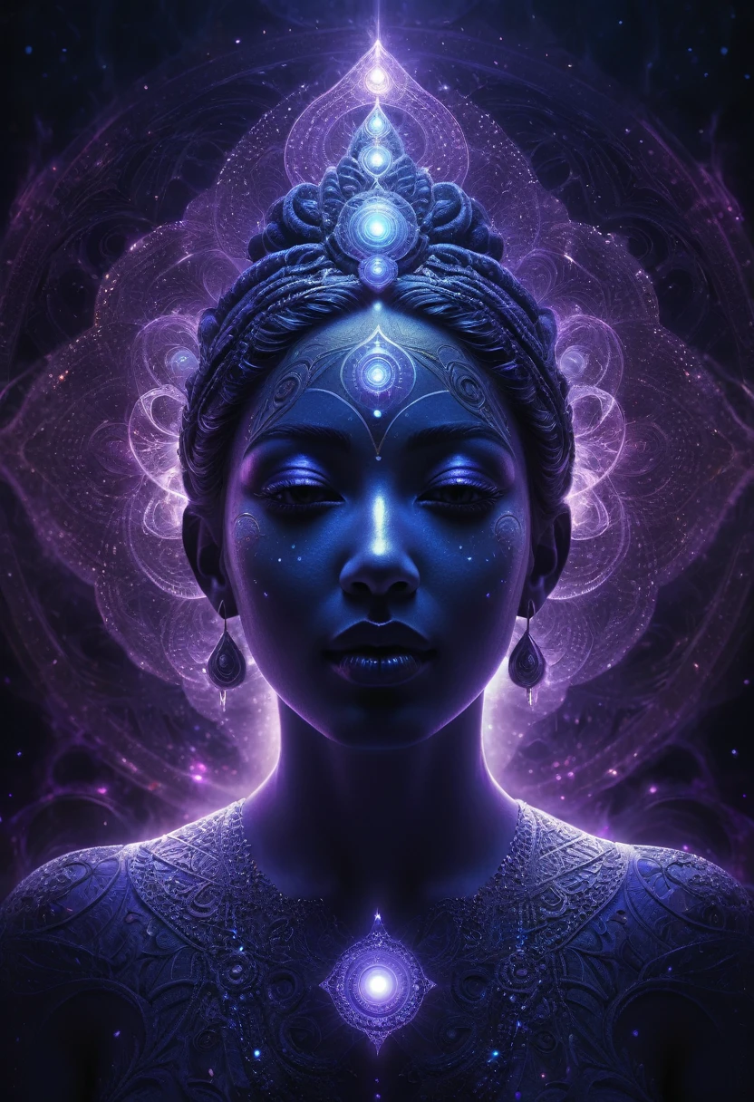 a godhead, mystical, divine, ethereal, spiritual, transcendent, otherworldly being, glowing with inner light, emanating power and wisdom, floating in a swirling cosmic mist, surrounded by glowing orbs and shimmering energy fields, abstract sacred geometry, intricate fractal patterns, luminous aura, deep purple and indigo tones, dramatic chiaroscuro lighting, cinematic composition, (best quality, 8k, highres, masterpiece:1.2), ultra-detailed, photorealistic, dramatic, cinematic
