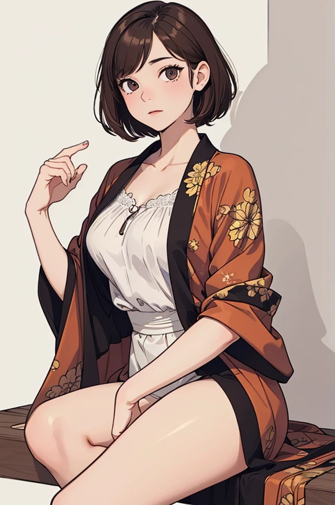 (((masterpiece, best quality, ultra highres, 1 girl, solo, no background))), super detailed skin and face and eyes and finger, beautiful japanese woman, small breasts:1.5, skinny, light brown hair, white background, very short hair, (an illustration of girl), Knee shot, Generate with illustrations, Various expressions, Various poses, Various Costumes,
