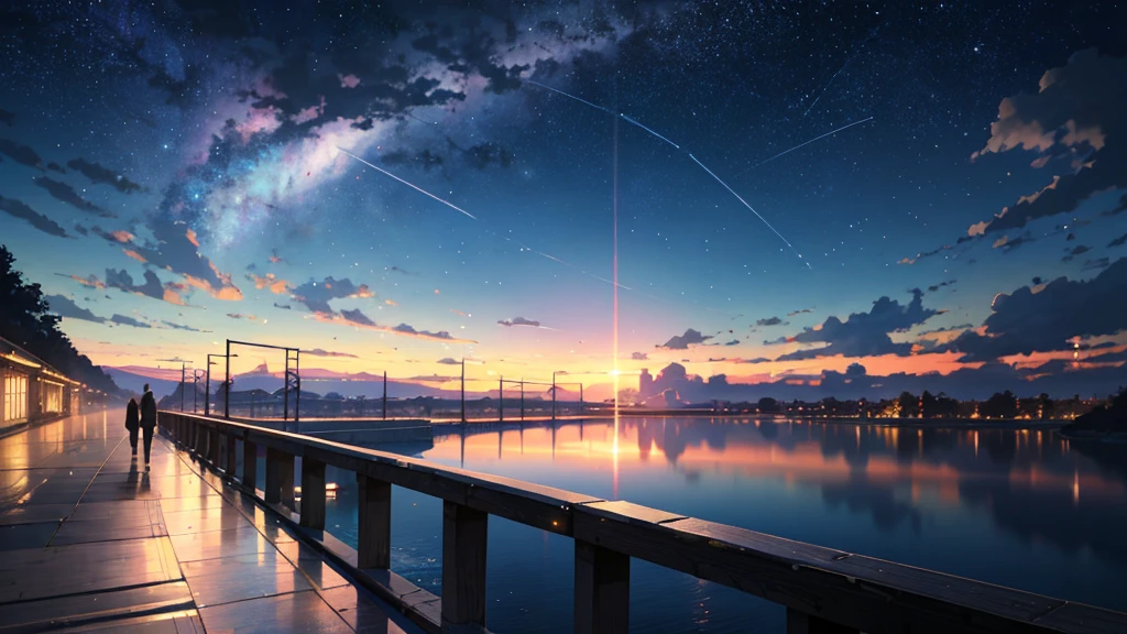 High quality masterpiece ,landscape,Animated train passing through water on the tracks, Starry Sky。Romantic Train,Pixiv,Concept Art,Lofi Artスタイル,Reflective plate。 by Makoto Shinkai, Lofi Art, Beautiful anime scene, アニメのlandscape, 詳細なlandscape —幅672, in Makoto Shinkai's Style, Makoto Shinkai's Style,Detail enhancements。