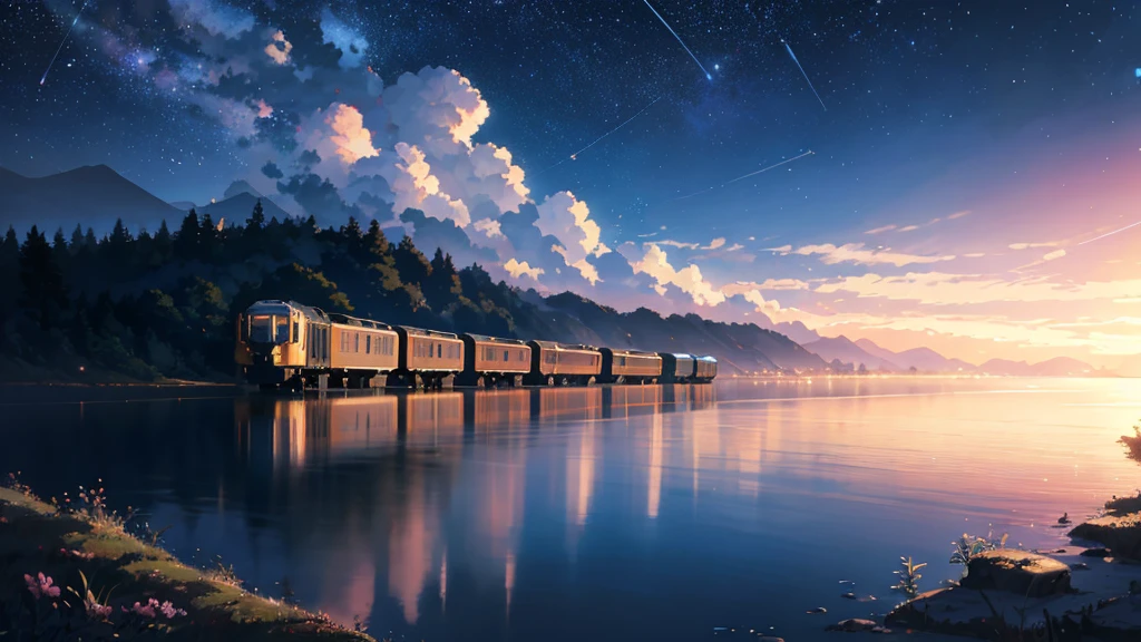 High quality masterpiece ,landscape,Animated train passing through water on the tracks, Starry Sky。Romantic Train,Pixiv,Concept Art,Lofi Artスタイル,Reflective plate。 by Makoto Shinkai, Lofi Art, Beautiful anime scene, アニメのlandscape, 詳細なlandscape —幅672, in Makoto Shinkai's Style, Makoto Shinkai's Style,Detail enhancements。