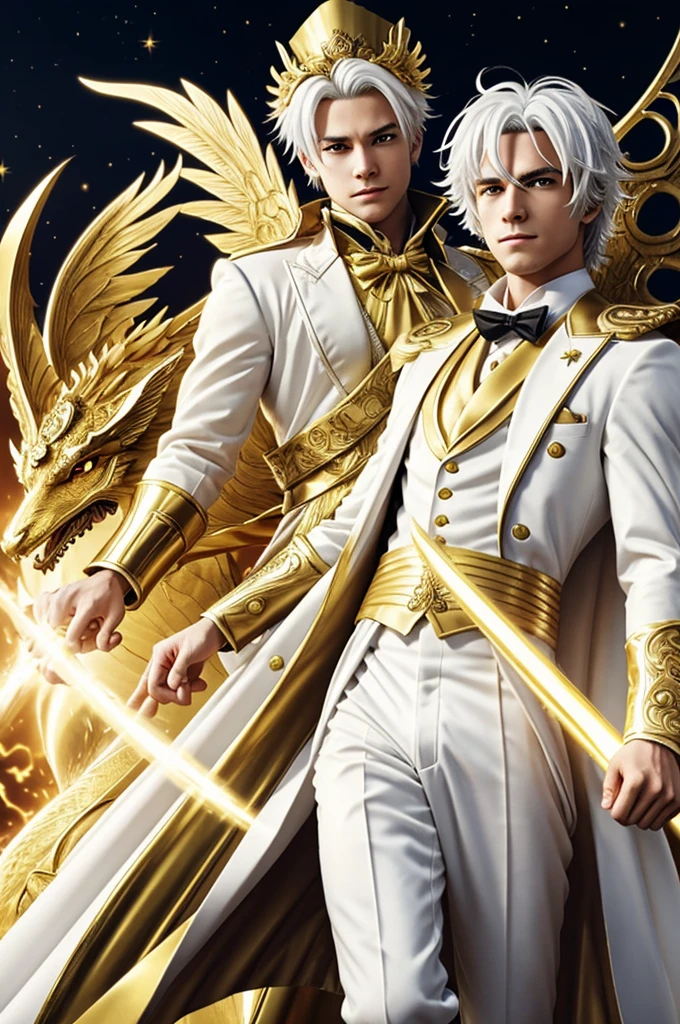 Anime boy with a golden top hat and s golden Valkyrie with white hair and white suit with a golden dragon around him