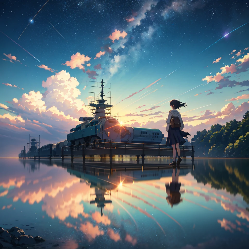High quality masterpiece ,landscape,Animated train passing through water on the tracks, Starry Sky。Romantic Train,Pixiv,Concept Art,Lofi Artスタイル,Reflective plate。 by Makoto Shinkai, Lofi Art, Beautiful anime scene, アニメのlandscape, 詳細なlandscape —幅672, in Makoto Shinkai's Style, Makoto Shinkai's Style,Detail enhancements。