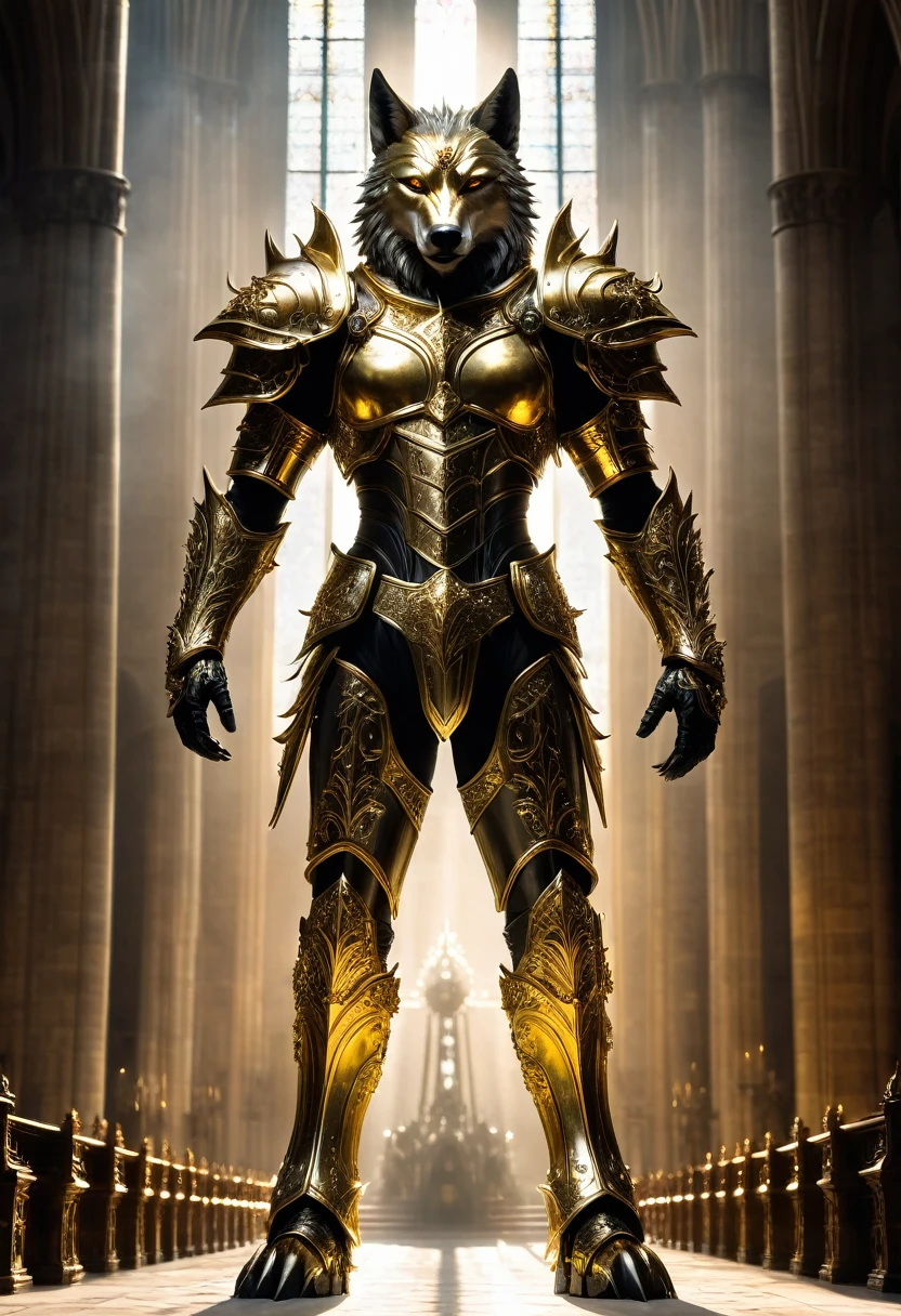 (Fantasy Art:1.2) photo of a humanoid creature with wolf-like features, standing in a grand, gothic cathedral with towering columns and elaborate architectural details, wearing intricately designed gold armor covering its torso and arms, in a powerful and commanding pose with its head slightly tilted back and arms raised, dramatic lighting with bright, diffused light creating a halo effect around the creature, enhancing its features and armor, slightly low angle to emphasize the sense of power and grandeur, shot with a high-resolution digital camera to capture intricate details and enhance the dramatic lighting and colors.
