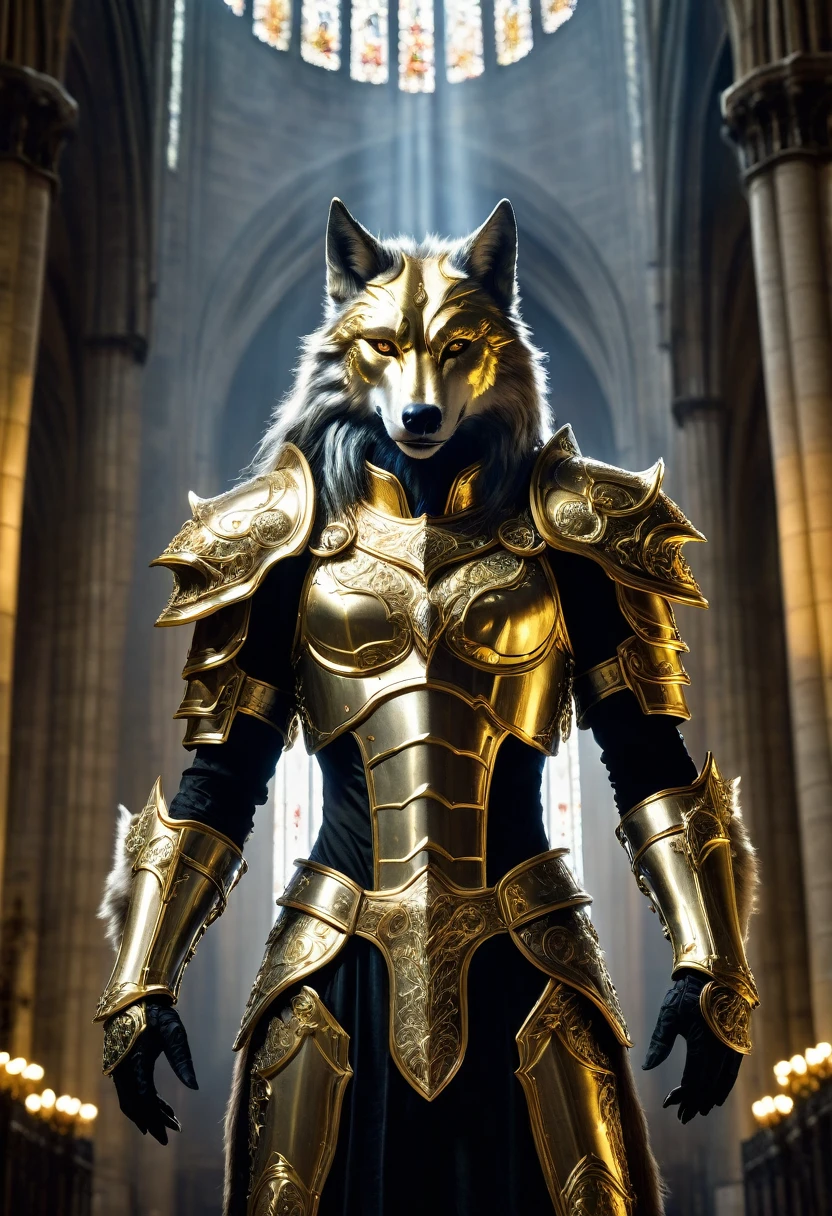 (Fantasy Art:1.2) photo of a humanoid creature with wolf-like features, standing in a grand, gothic cathedral with towering columns and elaborate architectural details, wearing intricately designed gold armor covering its torso and arms, in a powerful and commanding pose with its head slightly tilted back and arms raised, dramatic lighting with bright, diffused light creating a halo effect around the creature, enhancing its features and armor, slightly low angle to emphasize the sense of power and grandeur, shot with a high-resolution digital camera to capture intricate details and enhance the dramatic lighting and colors.