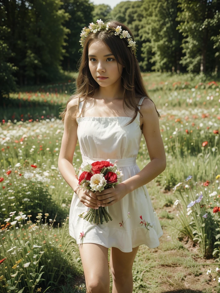 there is a in a red and white dress holding a bouquet, girl in flowers, picking flowers, holding flowers, picking up a flower, girl standing in flower field, girl standing in a flower field, flowers on heir cheeks, girl in a flower field, portrait of girl in flower field, girl walking in forest, girl with a flower head