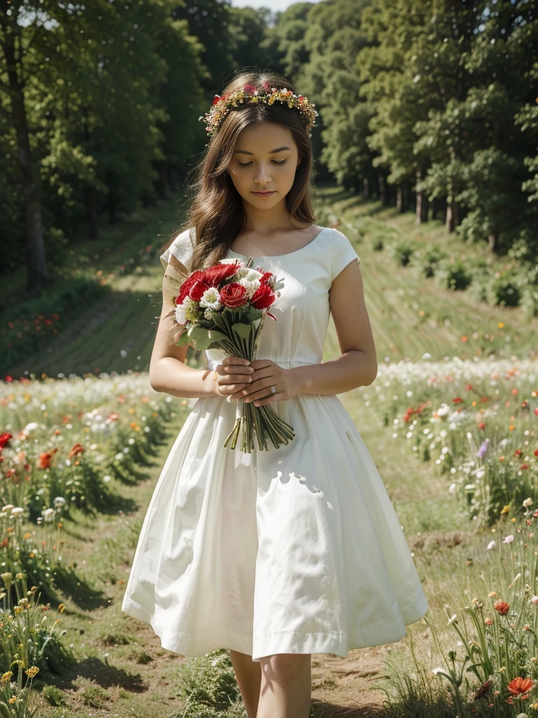 there is a  in a red and white dress holding a bouquet, girl in flowers, picking flowers, holding flowers, picking up a flower, girl standing in flower field, girl standing in a flower field, flowers on heir cheeks, girl in a flower field, portrait of girl in flower field, girl walking in forest, girl with a flower head