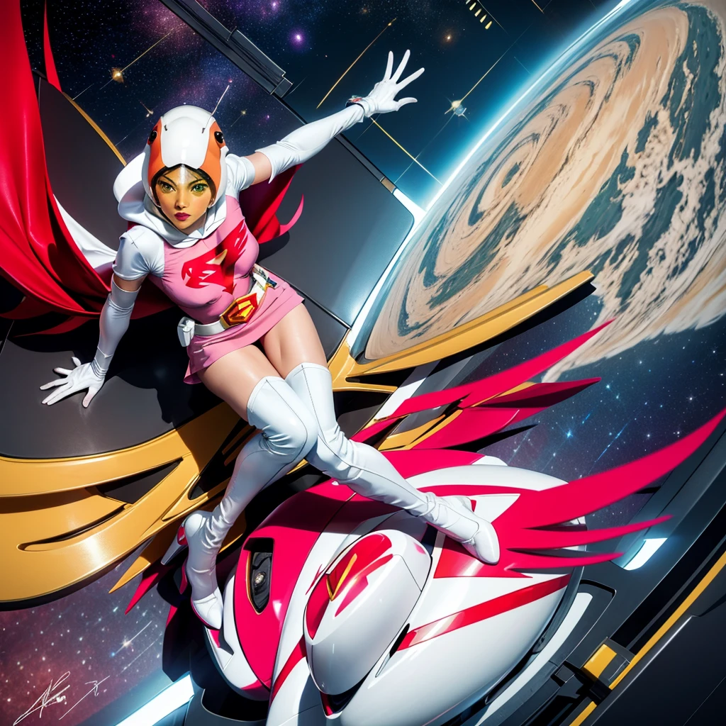 ANI_CLASSIC_jun_gatchaman_ownwaifu,1girl, ,good anatomy, masterpiece, best quality,realistic, hyperrealistic, 16k hdr, long hair,breasts,green eyes,lips,large breasts,lipstick,makeup,gloves,cape,helmet,belt,elbow gloves,white gloves,mask,ultra miniskirt,leotard,spacesuit,white tight overknee highheels boots,pink dress,superhero,bodysuit,cleavage,erected nipples,(sexy pose,view from above),(spread legs:1.1),cameltoe