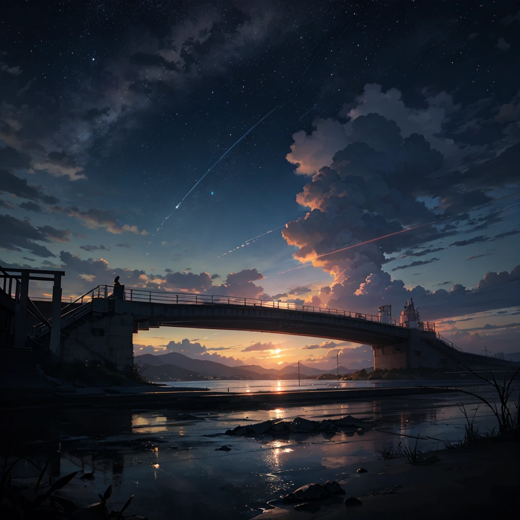 High quality masterpiece ,landscape,Animated train passing through water on the tracks, Shining starry sky。Romantic Train,irritating,Concept Art,Lofi Art style,Reflective plate。 by Makoto Shinkai, Lofi Art, Beautiful anime scene, アニメのlandscape, 詳細なlandscape, In the style of Makoto Shinkai, Makoto Shinkai's Style,Detail enhancements。