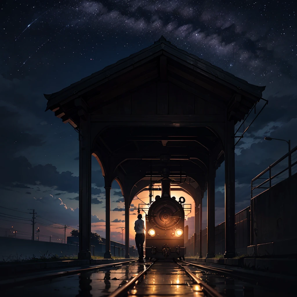 High quality masterpiece ,landscape,Animated train passing through water on the tracks, Shining starry sky。Romantic Train,irritating,Concept Art,Lofi Art style,Reflective plate。 by Makoto Shinkai, Lofi Art, Beautiful anime scene, アニメのlandscape, 詳細なlandscape, In the style of Makoto Shinkai, Makoto Shinkai's Style,Detail enhancements。