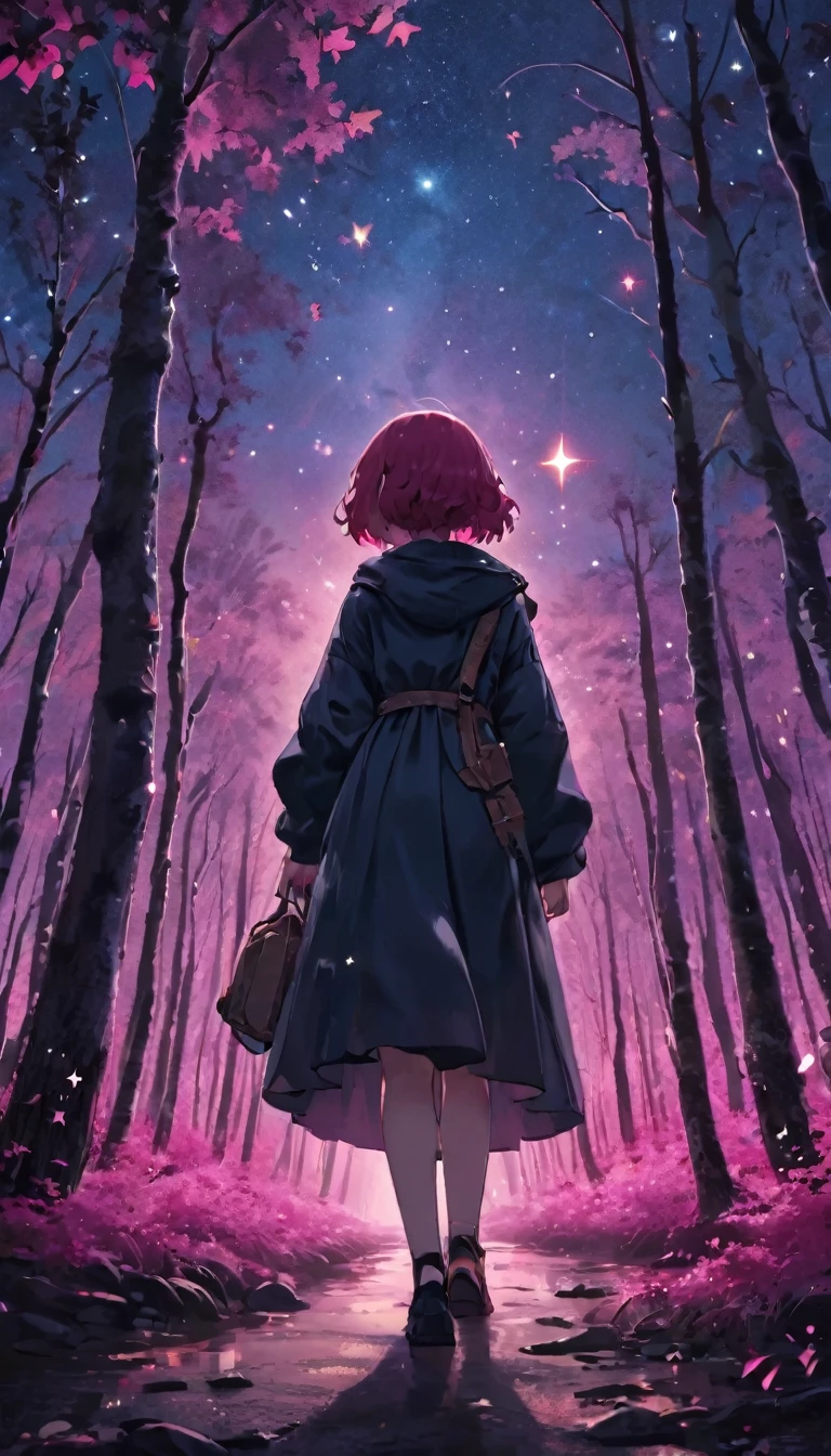quality\(8K,非常に精細なCGユニットのwallpaper, masterpiece,High resolution,top-quality,top-quality real texture skin,Surreal,Increase the resolution,RAW Photos,最高quality,Very detailed,wallpaper\),BREAK、Circle image、Walking through the pink forest、Long Shot、The subject is small、Beautiful deep pink forest、Fade from pink to black、Gradation、BREAK、One Girl、Look Up、Side Shot、Beautiful profile、Looking up、Blue sky close to black、Stars and Clouds、A fresh angle、BREAK、Overall dark、Cinematic Lighting、Very elaborate lighting、