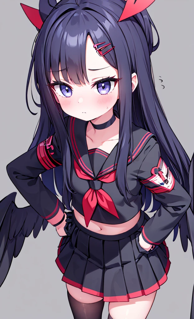 masterpiece,Highest quality,1 Girl,alone,blush with embarrassment,Pokémon-like art style,(bold:1.6),(flat:1.5), ICHIKA NAKAMASA, (Blue Archive),(Portraiture:1.2), AHOGE, BLACK HAIR, BLACK wings, FEATHERED wings, hair ornament, HAIRCLIP, Halation, LONG HAIR, LOW wings, RED Halation, wings,
手链, BLACK CHOKER, BLACK GLOVES, BLACK SAILOR COLLAR, BLACK serafuku, BLACK SKIRT, CHOKER, GLOVES, LONG SLEEVES, neckerchief, PLEATED SKIRT, RED neckerchief, SAFETY PIN, SAILOR COLLAR, , serafuku, SKIRT,