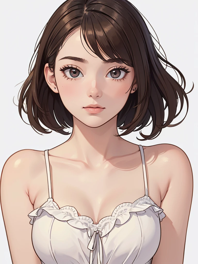 (((masterpiece, best quality, ultra highres, 1 girl, solo, no background))), super detailed skin and face and eyes and finger, beautiful japanese woman, small breasts:1.5, skinny, light brown hair, white background, very short hair, (an illustration of girl), Knee shot, Generate with illustrations, Various expressions, Various poses, Various Costumes,