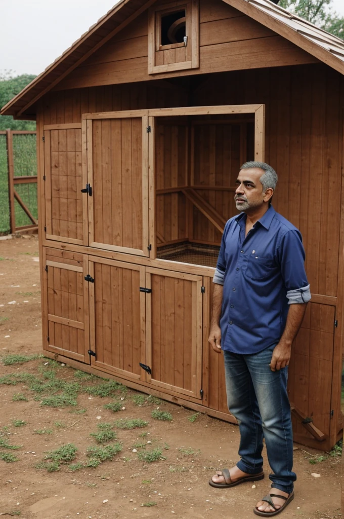 Nazir looking at an empty chicken coop, scratching his head in confusion.