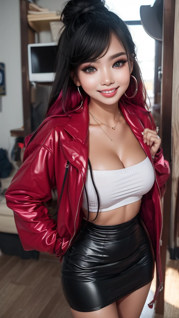 The character costume is KPOP, Hallyu, K-pop anime art style, Hallyu frontline style, Hallyu art style, kpop style, official artwork, Chibi art, Pisif, Blackpink style, cute. KPOP artwork in various poses, The popularity of Pisif art station, 16 year old chibi, No watermark, Extra close-fitting mini skirt, open jacket, extra short clear top Strapless, cleavage, style clothing cyberpunk, smallest short short, wide angle, short top, very short,