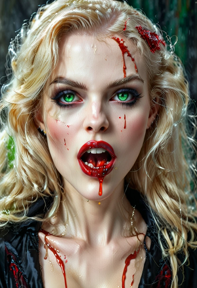 ((a photorealistic portrait of an exquisite, glamour female vampire: 1.5)) , pale face, blond hair, long vibrant shiny hair, glamorous hair, emerald green eyes, deep penetrating eyes, red lips, lustful lips, ((two vampiric fangs: 1.5), drops of blood dripping from the mouth, ((1920's style: 1.5)), (highest quality:1.2, Very detailed, up to date, Vibrant, Ultra-high resolution, High Contrast, masterpiece:1.2, highest quality, Best aesthetics), best details, best quality, highres, ultra wide angle, 16k, [ultra detailed], masterpiece, best quality, (extremely detailed), Genetically modified..., Cinematic Hollywood Film, traditional watercolor painting