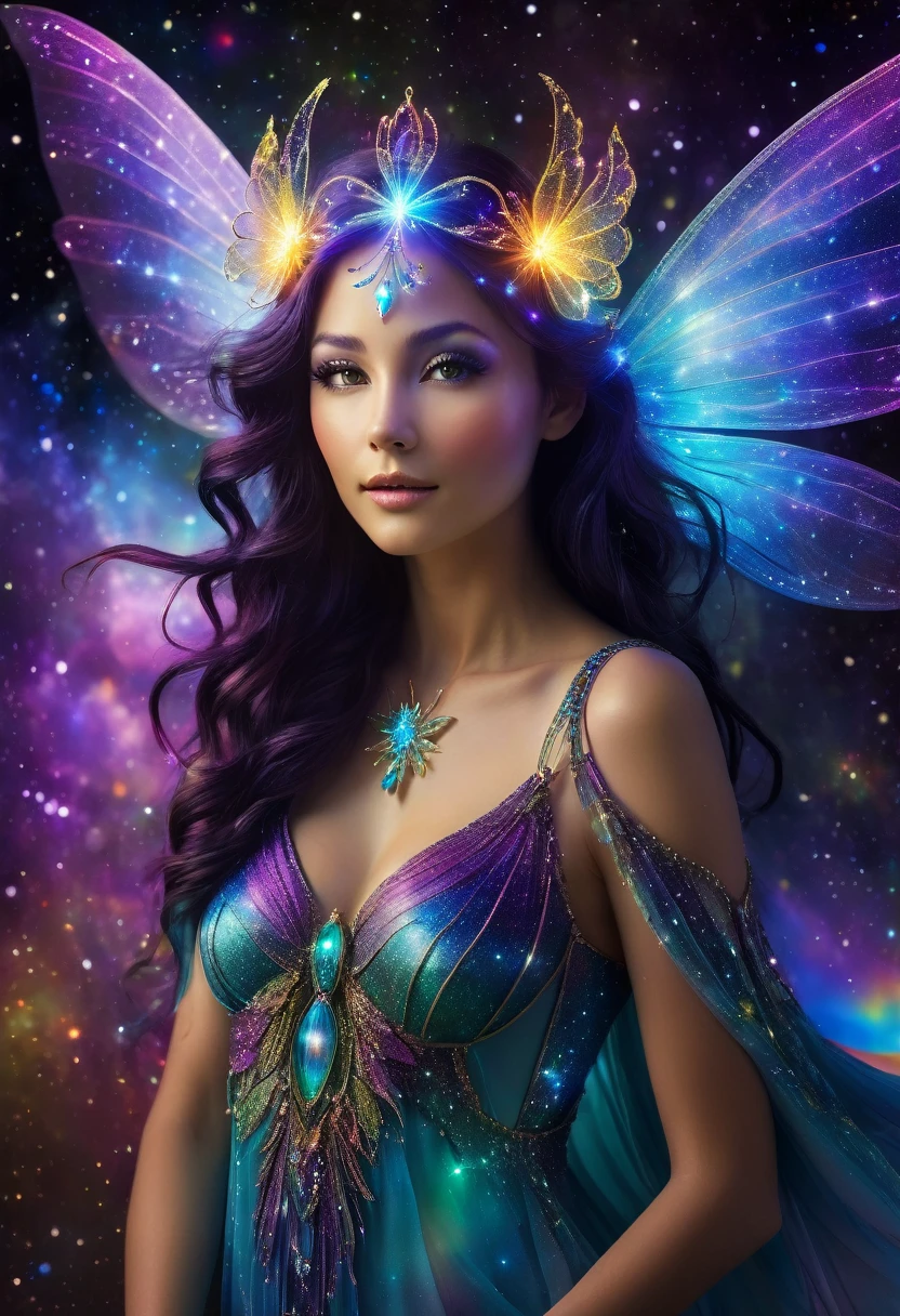 (Fantasy Art:1.2) photo of a cosmic fairy with radiant, colorful wings and a constellation-like headdress, surrounded by vivid, multicolored light and particles, holding a glowing orb in her hand, gazing at it with a serene expression, framed to highlight her upper body and wings against a backdrop of stars, galaxies, and nebulae, dynamic and radiant lighting creating a glowing effect, slightly angled side view to capture the fairy's profile and the full expanse of her wings, shot with a high-resolution digital camera to capture intricate details and vivid colors.