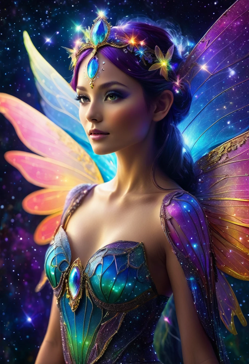 (Fantasy Art:1.2) photo of a cosmic fairy with radiant, colorful wings and a constellation-like headdress, surrounded by vivid, multicolored light and particles, holding a glowing orb in her hand, gazing at it with a serene expression, framed to highlight her upper body and wings against a backdrop of stars, galaxies, and nebulae, dynamic and radiant lighting creating a glowing effect, slightly angled side view to capture the fairy's profile and the full expanse of her wings, shot with a high-resolution digital camera to capture intricate details and vivid colors.