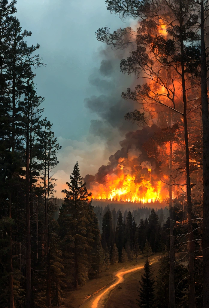 In the distance you can see an extensive forest, the forest looks magical, behind the forests in the distance you can see an explosion of fire and smoke