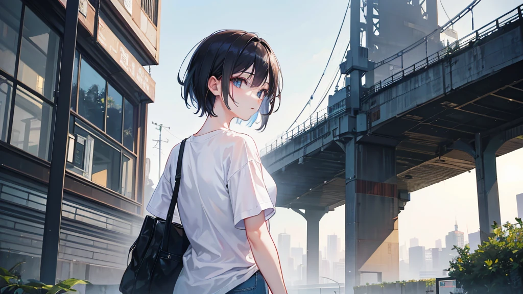A park in an urban gap. An Asian woman dressed casually in a white T-shirt and boyish jeans sits, cinematic lighting, ray tracing, depth of field, vanishing point, atmospheric perspective, Hasselblad, from behind, UHD, retina, masterpiece, anatomically correct, ccurate, textured skin, super detail, high quality, best quality, highres, award winning, 16k, 8k