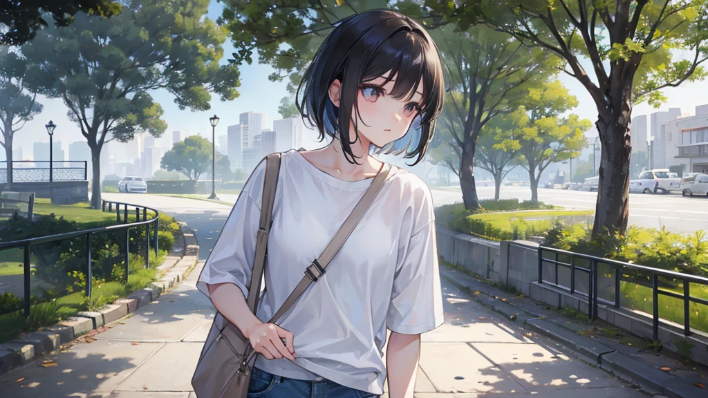 A park in an urban gap. An Asian woman dressed casually in a white T-shirt and boyish jeans sits, cinematic lighting, ray tracing, depth of field, vanishing point, atmospheric perspective, Hasselblad, from behind, UHD, retina, masterpiece, anatomically correct, ccurate, textured skin, super detail, high quality, best quality, highres, award winning, 16k, 8k