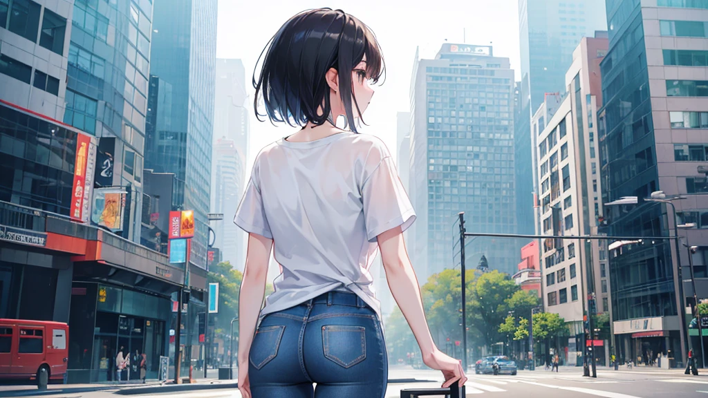 A park in an urban gap. An Asian woman dressed casually in a white T-shirt and boyish jeans sits, cinematic lighting, ray tracing, depth of field, vanishing point, atmospheric perspective, Hasselblad, from behind, UHD, retina, masterpiece, anatomically correct, ccurate, textured skin, super detail, high quality, best quality, highres, award winning, 16k, 8k