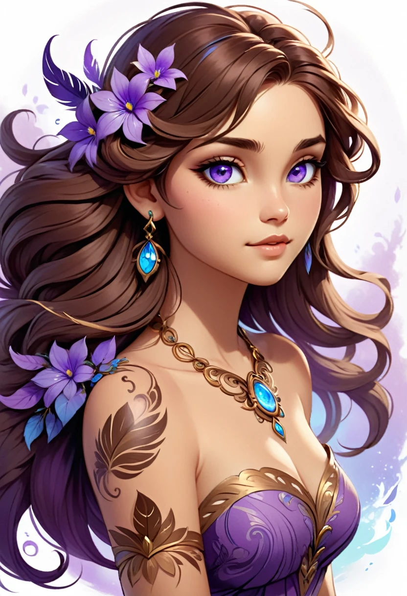 The image depicts a stylized, digital artwork of a female character. She has long, flowing brown hair adorned with purple flowers, giving her a mystical or ethereal appearance. The character has striking blue eyes and is wearing a detailed, ornate necklace with a circular pendant. Her skin is fair, and she has a tattoo or design on her right shoulder that resembles a feather or leaf motif. The overall aesthetic of the image is quite detailed and suggests a fantasy or fantasy-inspired theme. The character's expression is neutral, and she is looking directly at the viewer, which gives the image a sense of engagement.