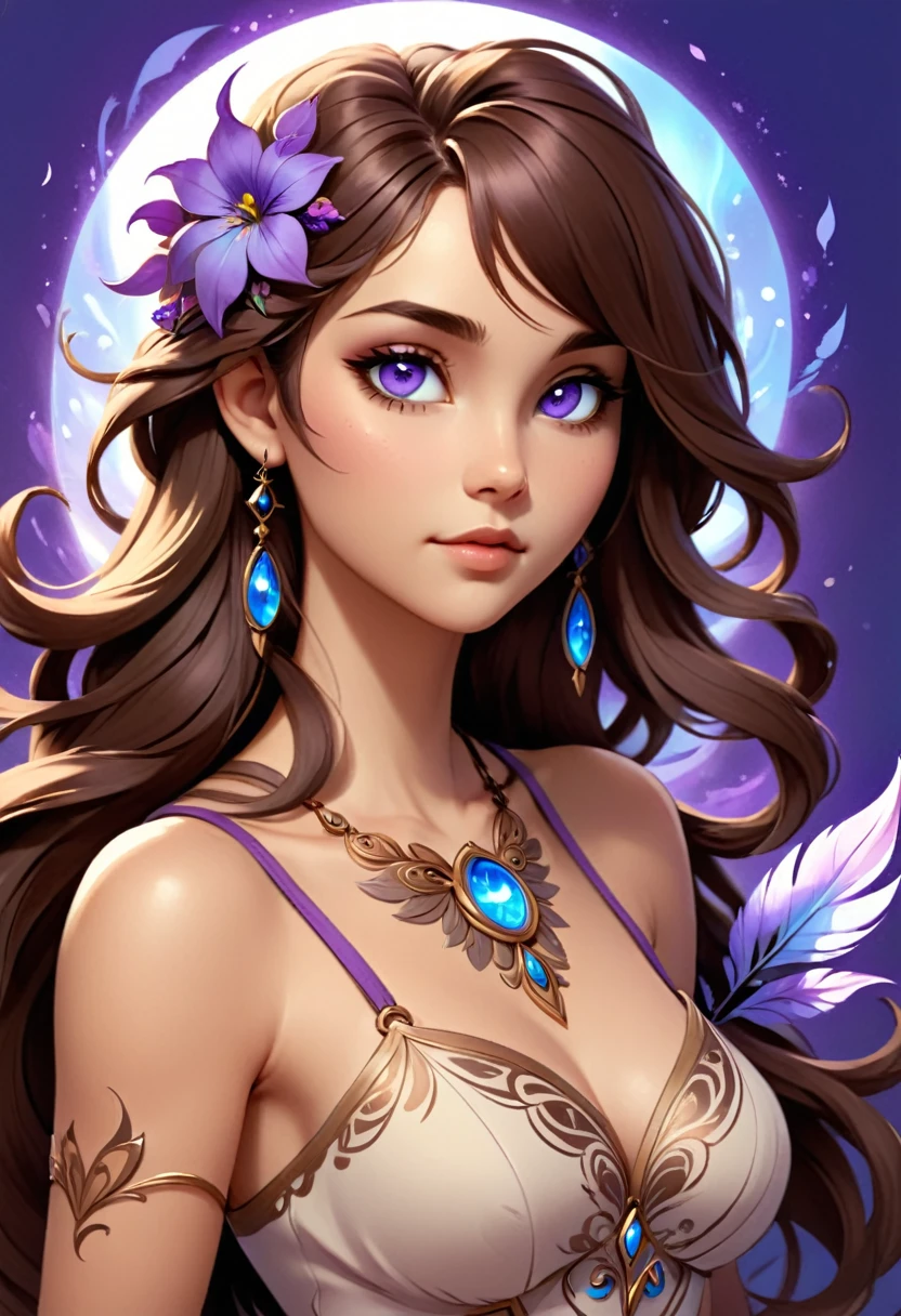 The image depicts a stylized, digital artwork of a female character. She has long, flowing brown hair adorned with purple flowers, giving her a mystical or ethereal appearance. The character has striking blue eyes and is wearing a detailed, ornate necklace with a circular pendant. Her skin is fair, and she has a tattoo or design on her right shoulder that resembles a feather or leaf motif. The overall aesthetic of the image is quite detailed and suggests a fantasy or fantasy-inspired theme. The character's expression is neutral, and she is looking directly at the viewer, which gives the image a sense of engagement.