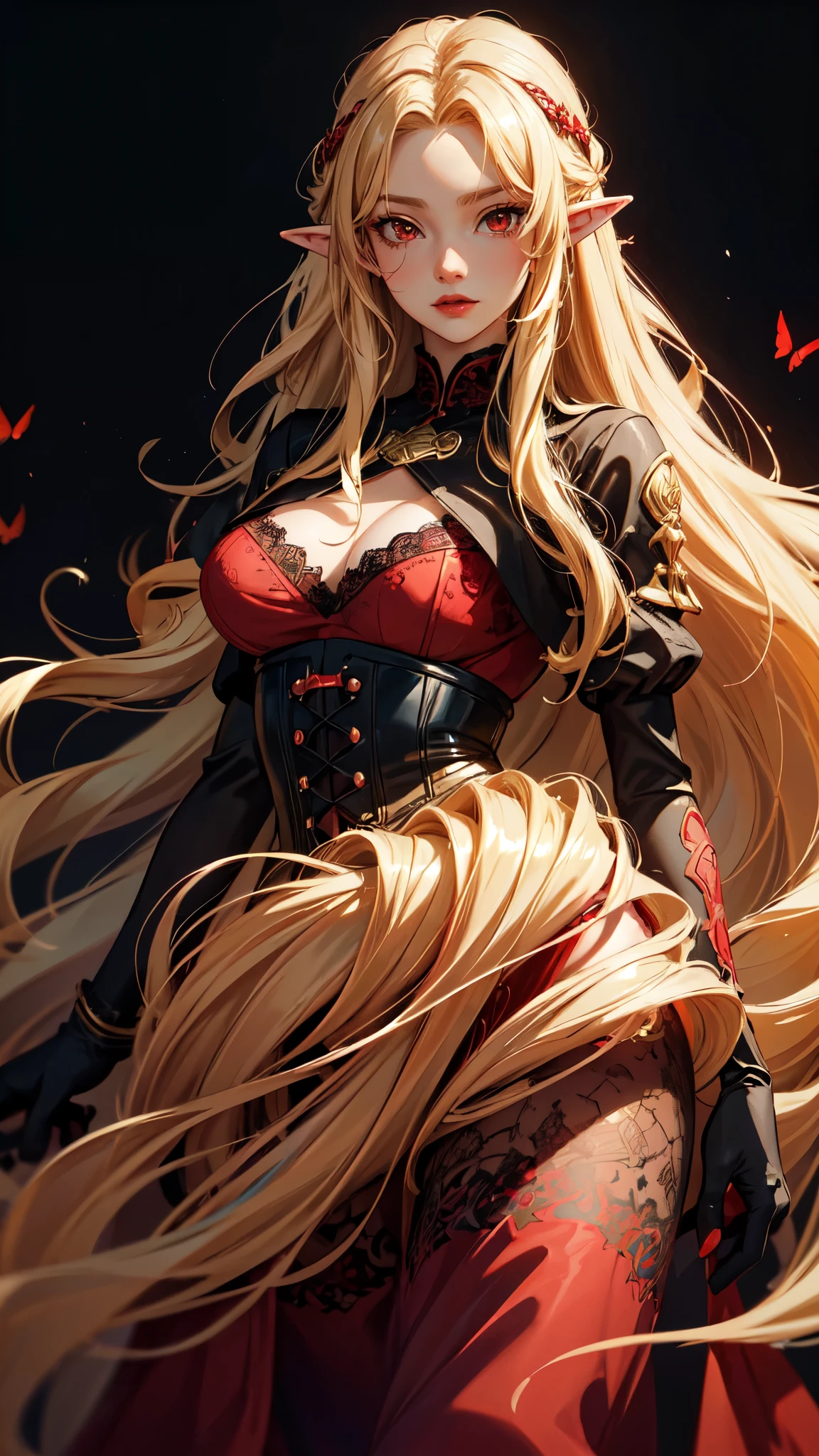 a beautiful woman with absurdly long blonde hair, (red eyes: 1.5), big breast, red lipstick, wearing a rococo dress with a red corset with black lace, a wide red skirt with lots of black lace and ruby ​​inserts, ong and thin black winter cape with fleece, elbow black gloves, royalty, red and translucent butterflies around, an anime drawing inspired by Yanjun Cheng, Pisif, Fantasy art, blonde flowing hair, Long curly blobde hair, Guviz, a beautiful anime portrait, Guviz-style artwork, in the art style of bowater, Anime girl with long hair, blonde wavy hair, Beautiful anime style, detailed eyes, detailed hands, detailed face, elf girl
