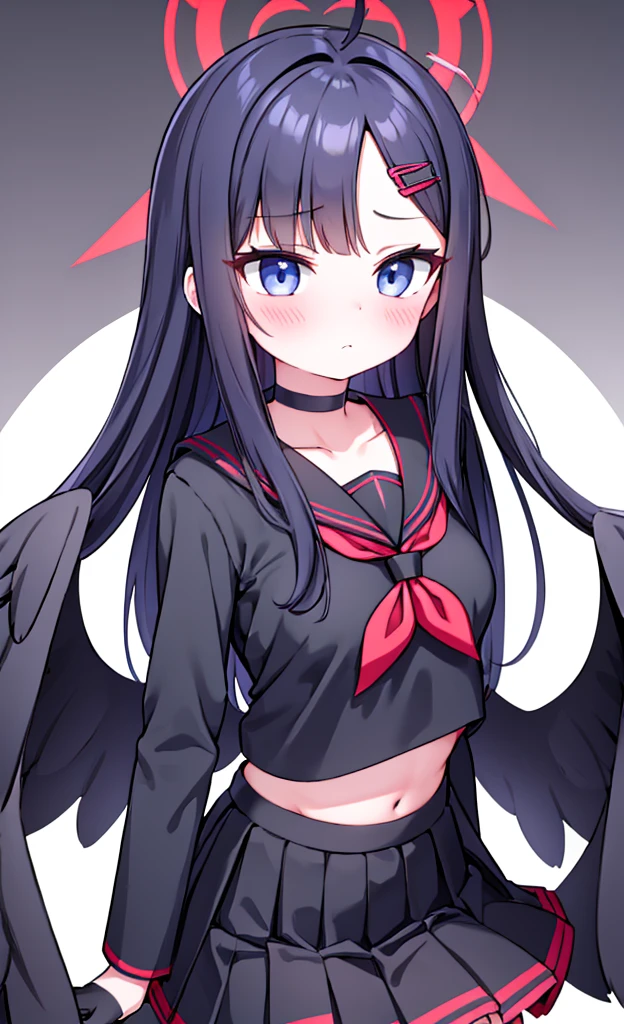 masterpiece,Highest quality,1 Girl,alone,blush with embarrassment,Pokémon-like art style,(bold:1.6),(flat:1.5), ICHIKA NAKAMASA, (Blue Archive),(Portraiture:1.2), Large Breasts, AHOGE, BLACK HAIR, BLACK wings, FEATHERED wings, hair ornament, HAIRCLIP, Halation, LONG HAIR, LOW wings, RED Halation, wings,
手链, BLACK CHOKER, BLACK GLOVES, BLACK SAILOR COLLAR, BLACK serafuku, BLACK SKIRT, CHOKER, GLOVES, LONG SLEEVES, neckerchief, PLEATED SKIRT, RED neckerchief, SAFETY PIN, SAILOR COLLAR, , serafuku, SKIRT,