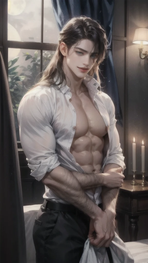 best qualtiy, a thriller masterpiece,High-gloss dark style, Man with his back to the rug, One man, male, soft blue eyes, dark circles under eyes, soft face, masculine, dark mauve hair, long hair, middle part, curtain fringe, bangs, wavy hair, tall, slender, muscular, broad shoulders, long eyelashes, gentle, masculine but beautiful, blue eyes, pink lips, eye bags, smile,masculine, gentle, casual clothes, white shirt, bare chest, bloody moonlight, desperate visual impact, hands spread wide, bedroom, lots of candles, big full moon outside the window,