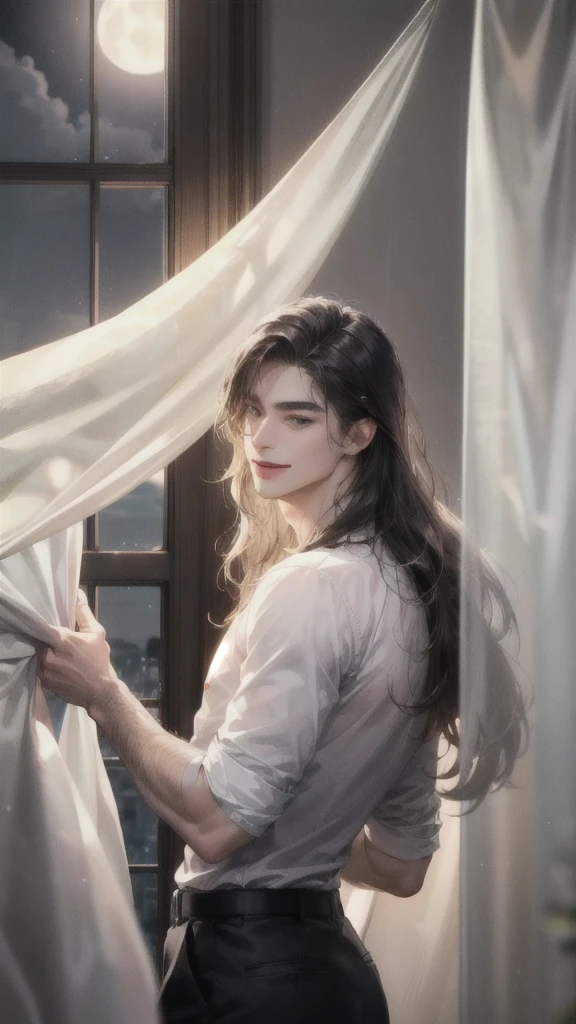 best qualtiy, a thriller masterpiece,High-gloss dark style, Man with his back to the rug, One man, male, soft blue eyes, dark circles under eyes, soft face, masculine, dark mauve hair, long hair, middle part, curtain fringe, bangs, wavy hair, tall, slender, muscular, broad shoulders, long eyelashes, gentle, masculine but beautiful, blue eyes, pink lips, eye bags, smile,masculine, gentle, casual clothes, white shirt, bare chest, bloody moonlight, desperate visual impact, hands spread wide, bedroom, lots of candles, big full moon outside the window,