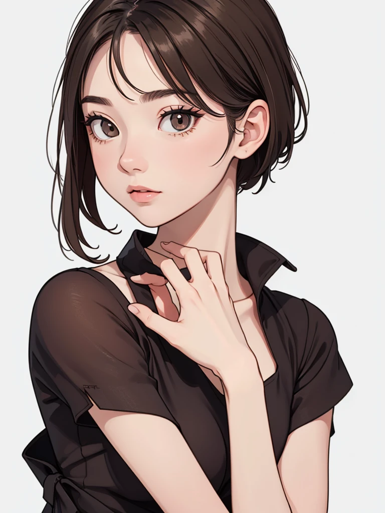 (((masterpiece, best quality, ultra highres, 1 girl, solo, no background))), super detailed skin and face and eyes and finger, beautiful japanese woman, small breasts:1.5, skinny, light brown hair, white background, very short hair, (an illustration of girl), Knee shot, Generate with illustrations, Various expressions, Various poses, Various Costumes, Please draw the entire character within the frame, ensuring that the head, arms, and legs are not cut off. The background should be simple, with the character positioned centrally,