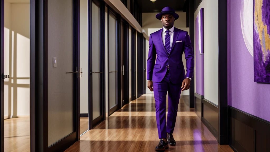An African American man stands confidently in a long, modern hallway, centrally positioned and facing the camera. He is wearing a sophisticated black three-piece suit with purple accents, including a hat with a purple band, a purple pocket square, and a tie. His black trousers are adorned with a purple stripe down the side, and he wears purple shoes with black trim. The walls are lined with framed purple artworks, and large windows let in natural light, casting a warm glow on the scene. The artwork aims for a masterpiece quality, with high resolution and super detail, rendered in 8K to capture the nuanced expressions and vibrant setting.