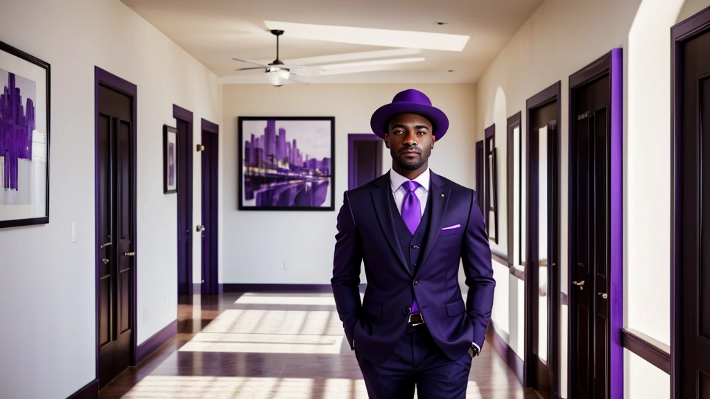 An African American man stands confidently in a long, modern hallway, centrally positioned and facing the camera. He is wearing a sophisticated black three-piece suit with purple accents, including a hat with a purple band, a purple pocket square, and a tie. His black trousers are adorned with a purple stripe down the side, and he wears purple shoes with black trim. The walls are lined with framed purple artworks, and large windows let in natural light, casting a warm glow on the scene. The artwork aims for a masterpiece quality, with high resolution and super detail, rendered in 8K to capture the nuanced expressions and vibrant setting.