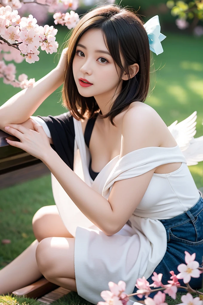 straight-on,full body,dynamic angle ,Cherry blossoms,lovely,game cg,comic,bishoujo,angel,Perfect female body,ahoge,short_hair,neat figure,goddess,mature female,goddess,blush,,uwabaki,hair ribbon,
