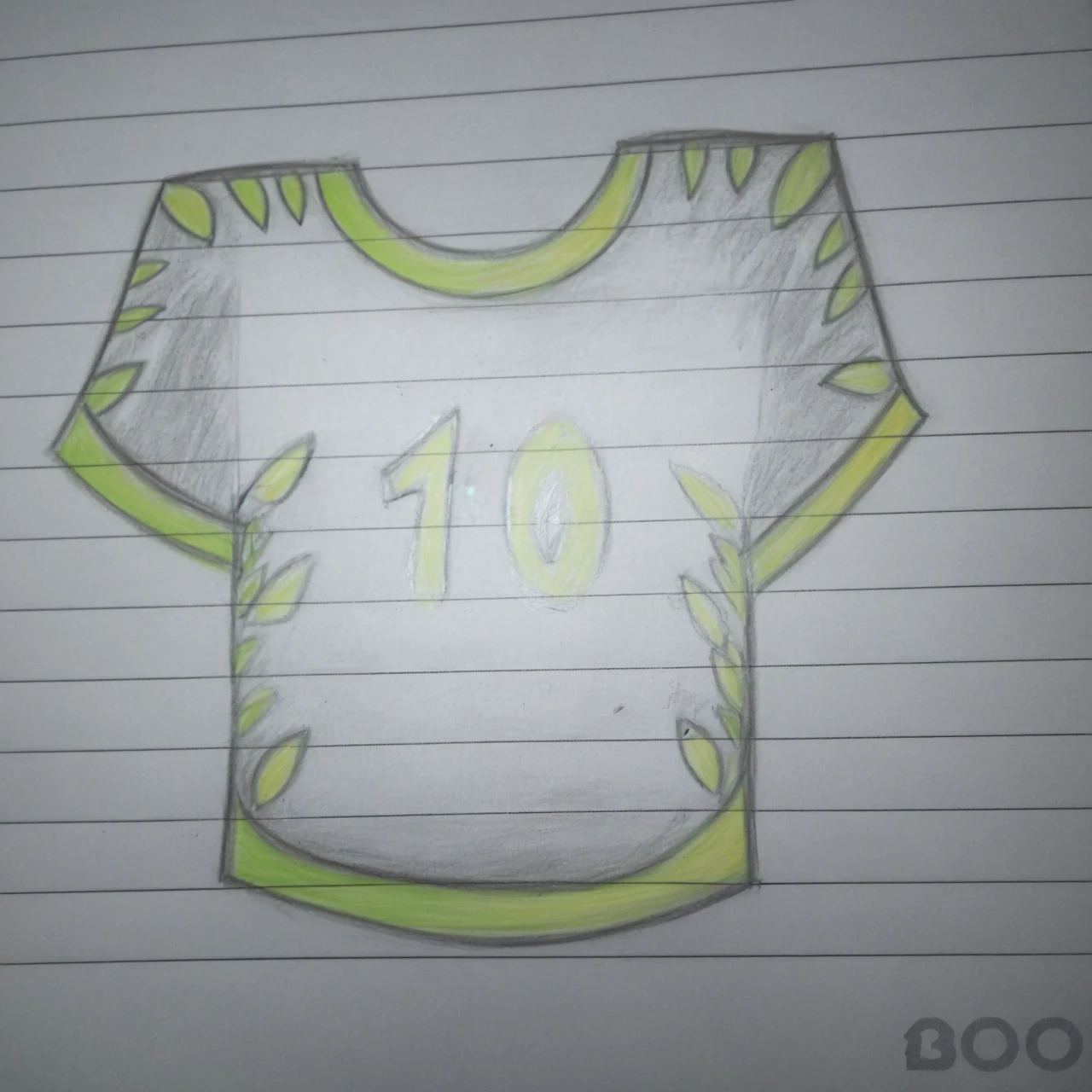 Transform this drawing into a 3D drawing with a green side and a yellow side with the color of the black shirt