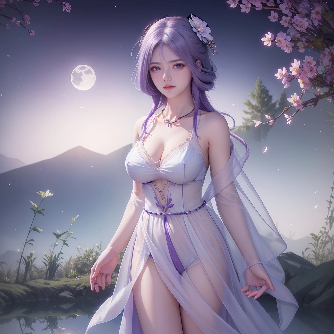 light particles, halo, (bioluminescent:0.95), bioluminescent, piercing glare,  vibrant, (((colourful))), color, (glowing, glow),ancient customs, wind blow, blossom, pond, night, moon relection in the pond, reflection light, depth of field, ???????????, multiple views, delicated best quality ,masterpiece, illustration, an extremely delicate and beautiful, extremely detailed ,CG ,unity ,8k wallpaper, Amazing, finely detail, masterpiece,best quality,official art,extremely detailed CG unity 8k wallpaper,absurdres, incredibly absurdres, huge filesize , ultra-detailed, highres, extremely detailed,beautiful detailed girl, extremely detailed eyes and face, beautiful detailed eyes,light on face,1girl, (Super realistic),  (purple hair), (hair over one eye), (single braid hair), (rainbow eyes), ((hair ornament)), ((jewelry)), (hair jewelry), (((describe the arm in detail))), (((Super ))), ((sagging ???????)), ((Plump body)), (???????????), (thighs), ((Plump )),, (detailed description of hair), ((upper body)), (???? shoulder), ((collarbone)), (off shoulder), (Shiny skin), (detailed description of face), (Extremely detailed description of the eyes), (detailed description of body), (white and translucent skin), peerless beauty, (extreme beauty), (red lips), (shy ), (seductive smile), ((gothic lolitia dress)), (every pose)