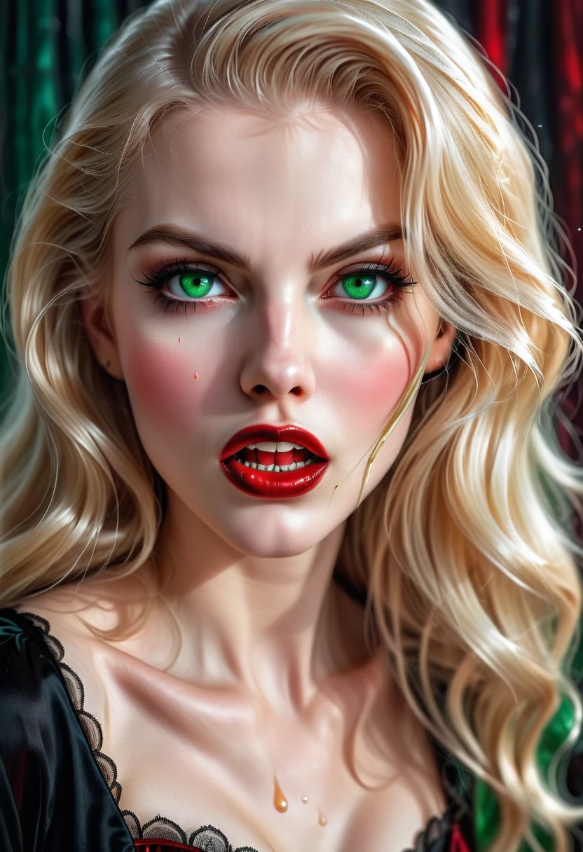 ((a photorealistic portrait of an exquisite, glamour female vampire: 1.5)) , pale face, blond hair, long vibrant shiny hair, glamorous hair, emerald green eyes, deep penetrating eyes, red lips, lustful lips, ((two vampiric fangs: 1.5), drops of blood dripping from the mouth, ((1950's style: 1.5)), (highest quality:1.2, Very detailed, up to date, Vibrant, Ultra-high resolution, High Contrast, masterpiece:1.2, highest quality, Best aesthetics), best details, best quality, highres, ultra wide angle, 16k, [ultra detailed], masterpiece, best quality, (extremely detailed), Genetically modified..., Cinematic Hollywood Film, traditional watercolor painting