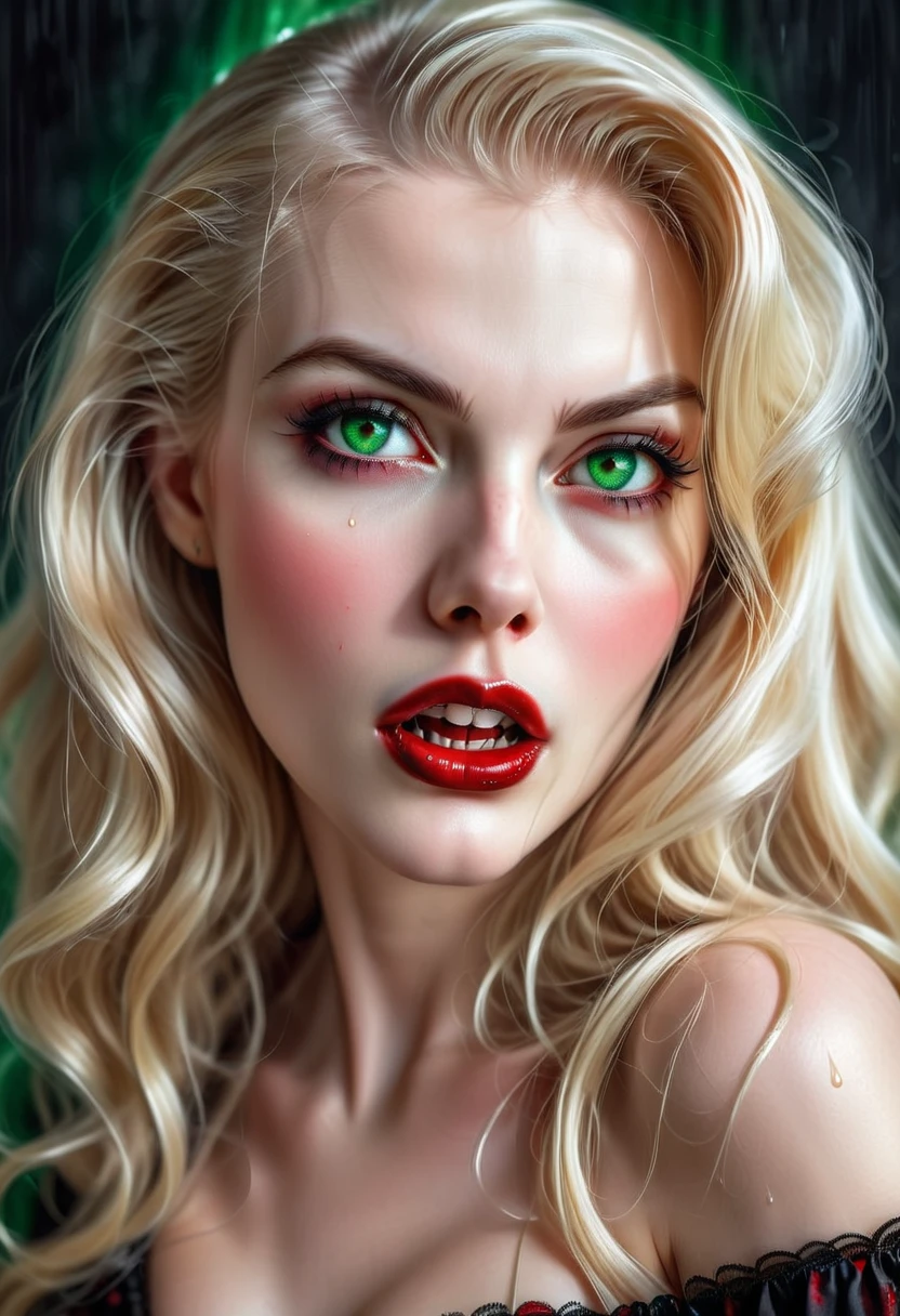 ((a photorealistic portrait of an exquisite, glamour female vampire: 1.5)) , pale face, blond hair, long vibrant shiny hair, glamorous hair, emerald green eyes, deep penetrating eyes, red lips, lustful lips, ((two vampiric fangs: 1.5), drops of blood dripping from the mouth, ((1950's style: 1.5)), (highest quality:1.2, Very detailed, up to date, Vibrant, Ultra-high resolution, High Contrast, masterpiece:1.2, highest quality, Best aesthetics), best details, best quality, highres, ultra wide angle, 16k, [ultra detailed], masterpiece, best quality, (extremely detailed), Genetically modified..., Cinematic Hollywood Film, traditional watercolor painting