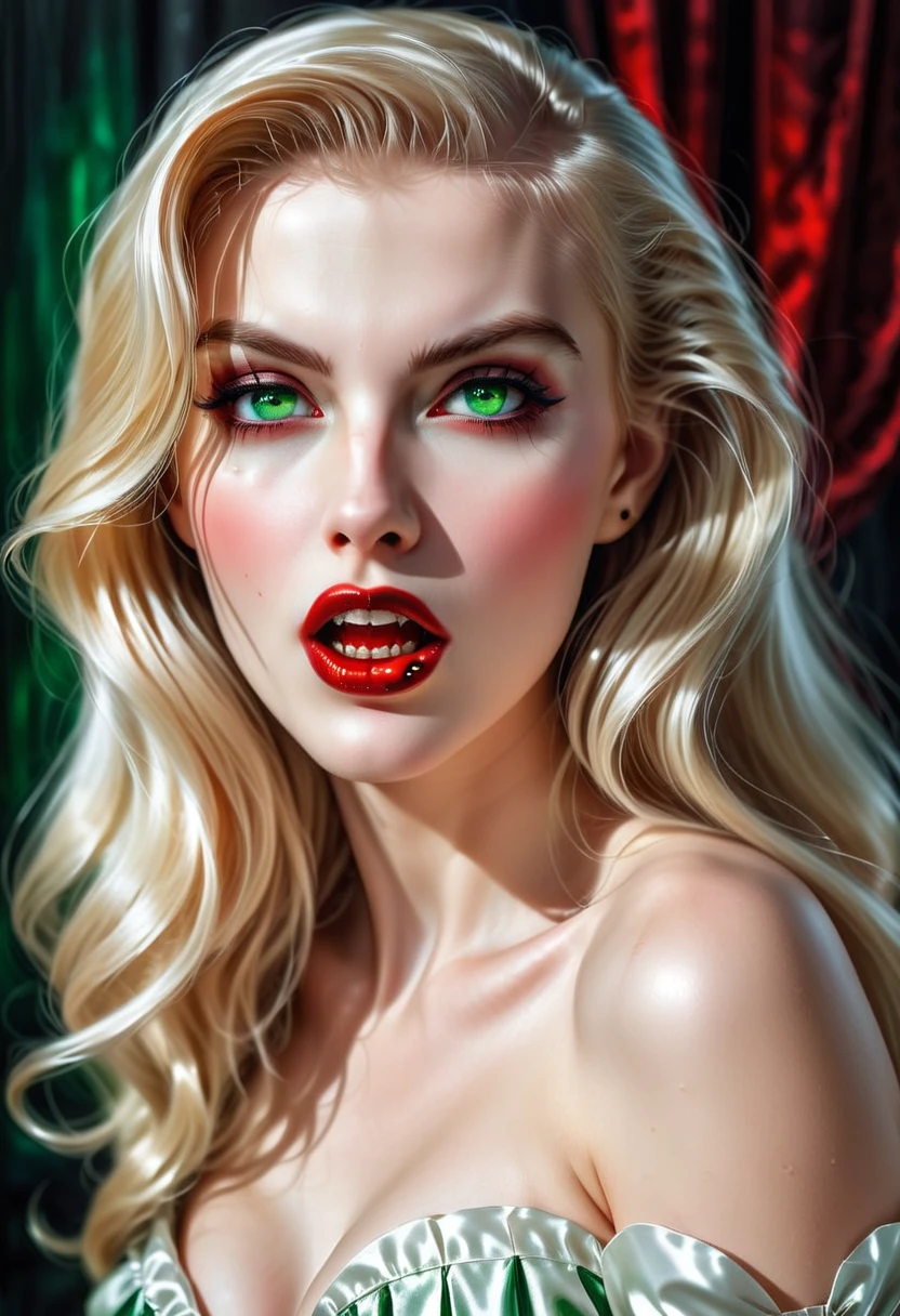 ((a photorealistic portrait of an exquisite, glamour female vampire: 1.5)) , pale face, blond hair, long vibrant shiny hair, glamorous hair, emerald green eyes, deep penetrating eyes, red lips, lustful lips, ((two vampiric fangs: 1.5), drops of blood dripping from the mouth, ((1950's style: 1.5)), (highest quality:1.2, Very detailed, up to date, Vibrant, Ultra-high resolution, High Contrast, masterpiece:1.2, highest quality, Best aesthetics), best details, best quality, highres, ultra wide angle, 16k, [ultra detailed], masterpiece, best quality, (extremely detailed), Genetically modified..., Cinematic Hollywood Film, traditional watercolor painting