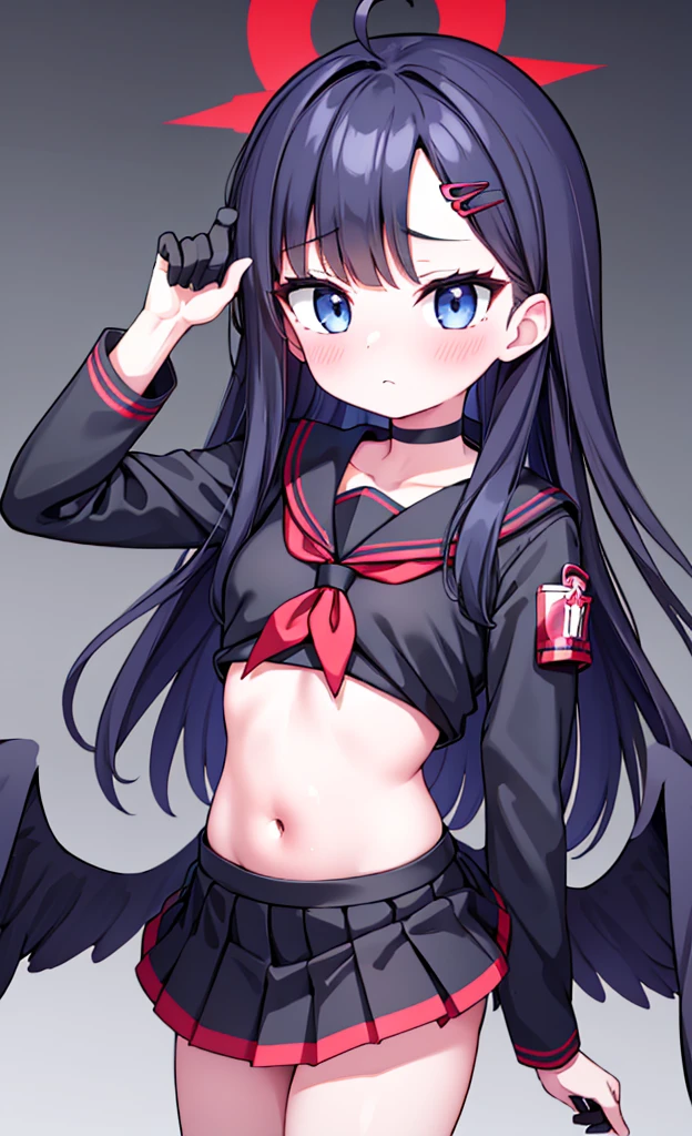 masterpiece,Highest quality,1 Girl,alone,blush with embarrassment,Pokémon-like art style,(bold:1.6),(flat:1.5), ICHIKA NAKAMASA, (Blue Archive),(Portraiture:1.2), Large Breasts, AHOGE, BLACK HAIR, BLACK wings, FEATHERED wings, hair ornament, HAIRCLIP, Halation, LONG HAIR, LOW wings, RED Halation, wings,
手链, BLACK CHOKER, BLACK GLOVES, BLACK SAILOR COLLAR, BLACK serafuku, BLACK SKIRT, CHOKER, GLOVES, LONG SLEEVES, neckerchief, PLEATED SKIRT, RED neckerchief, SAFETY PIN, SAILOR COLLAR, , serafuku, SKIRT, Attractive legs