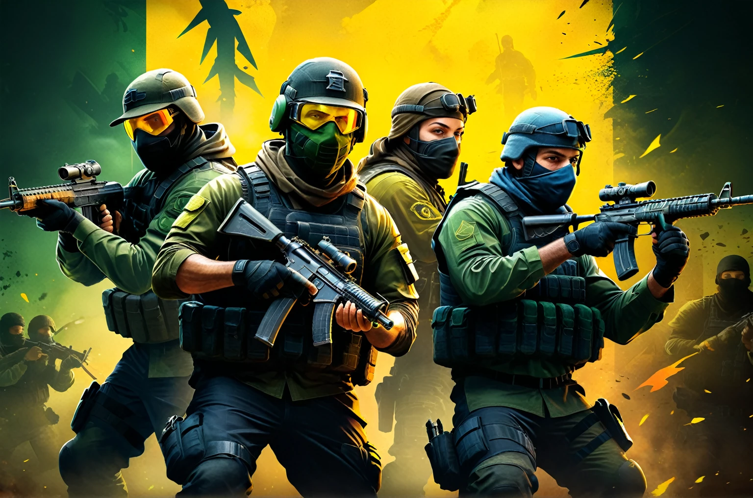 (((a dynamic and cinematic poster celebrating 25 years of the iconic Counter-Strike franchise)),counter-terrorists and terrorists in action poses,detailed character portraits,legendary Counter-Strike maps and locations,bold and vibrant colors,greens,yellows,blacks,Counter-Strike and Valve logos,cinematic lighting,dramatic shadows,photorealistic,highly detailed,masterpiece,8k,best quality)